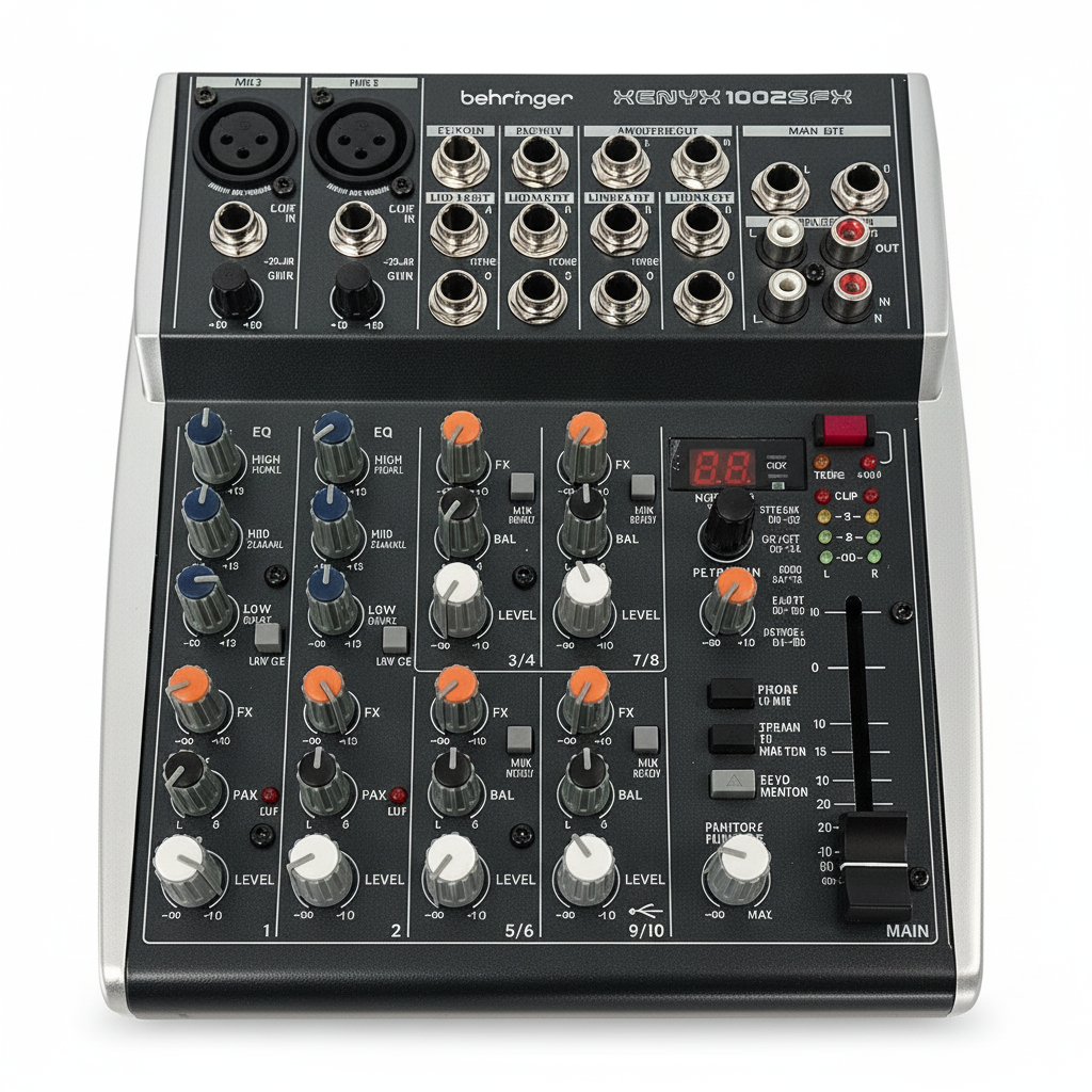 Behringer XENYX 1002SFX 10-input analog mixer shown from the front with its input sockets, knobs, faders, USB area, and Behringer branding