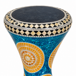 Close-up of the Egyptian Sombati darbuka drumhead, decorated rim, shell pattern, and visible hardware