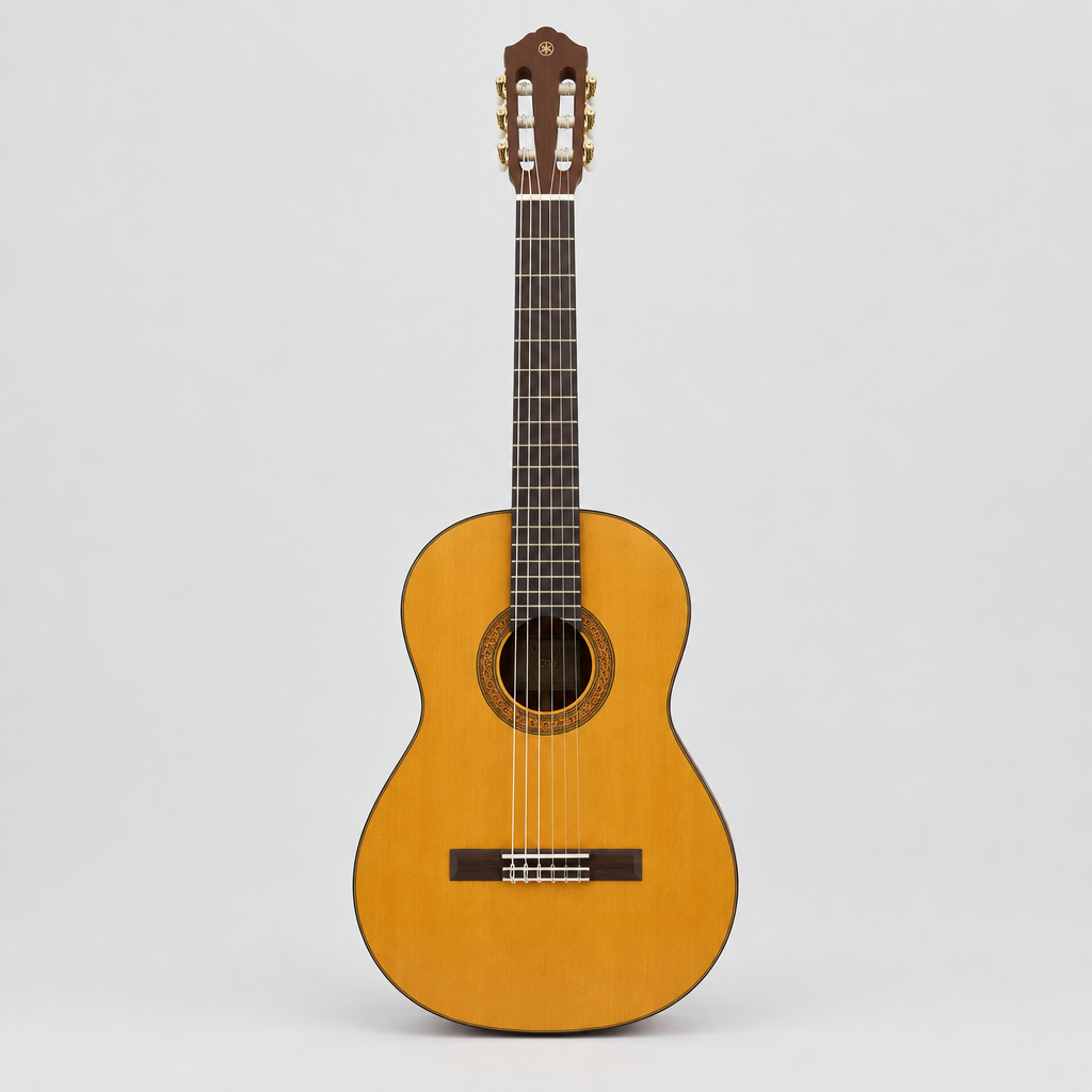 Straight-on full front view of the Yamaha C70 full-size classical guitar with nylon strings.