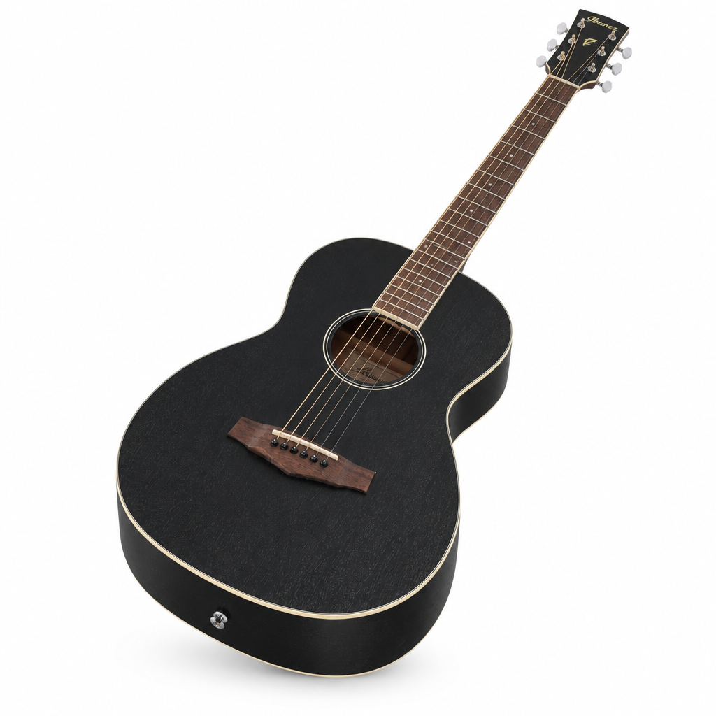 Ibanez PN14MHE-WK Weathered Black Open Pore parlor acoustic-electric guitar, angled view