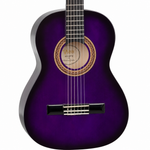 Natural close-up of the Valencia VC103PPS 3/4 Purple Sunburst classical guitar showing the rosette, nylon strings, bridge, and fingerboard