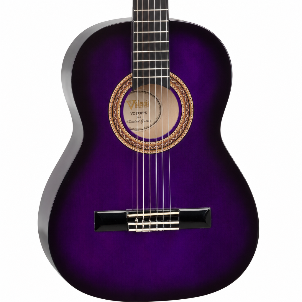 Natural close-up of the Valencia VC103PPS 3/4 Purple Sunburst classical guitar showing the rosette, nylon strings, bridge, and fingerboard