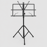 Unbranded P-011 black foldable music stand shown from the front with a tripod base, music tray, and page retainers