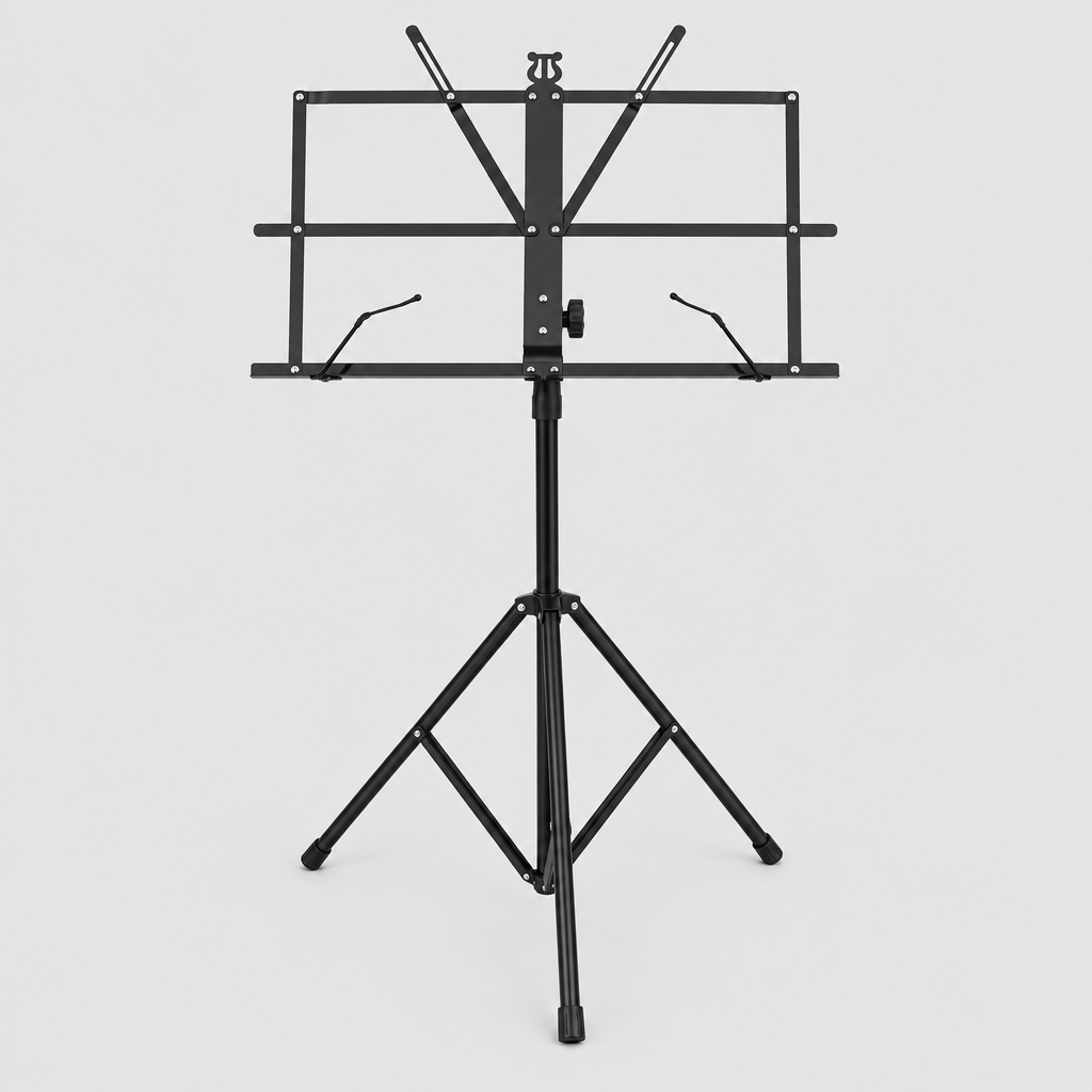 Unbranded P-011 black foldable music stand shown from the front with a tripod base, music tray, and page retainers
