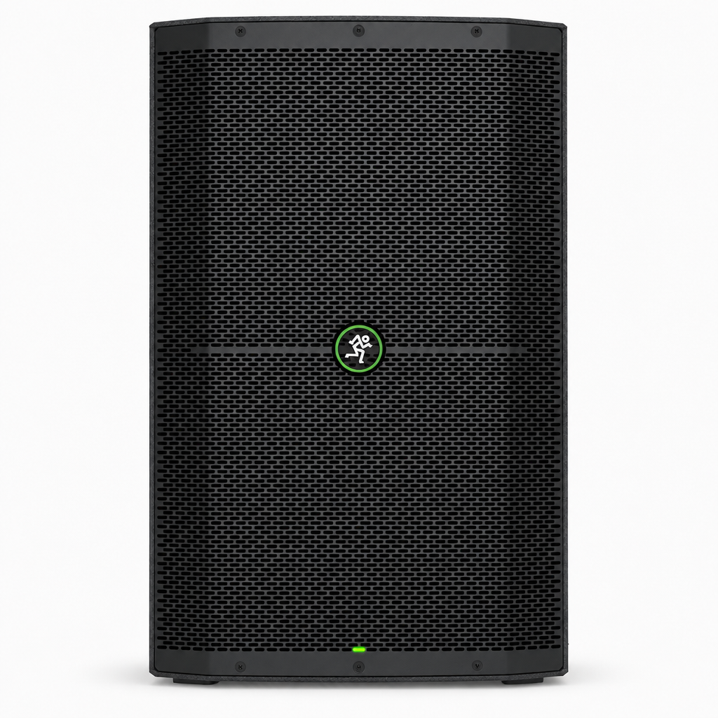 Full front view of the Mackie Thump215 powered loudspeaker with its front grille and Mackie badge.