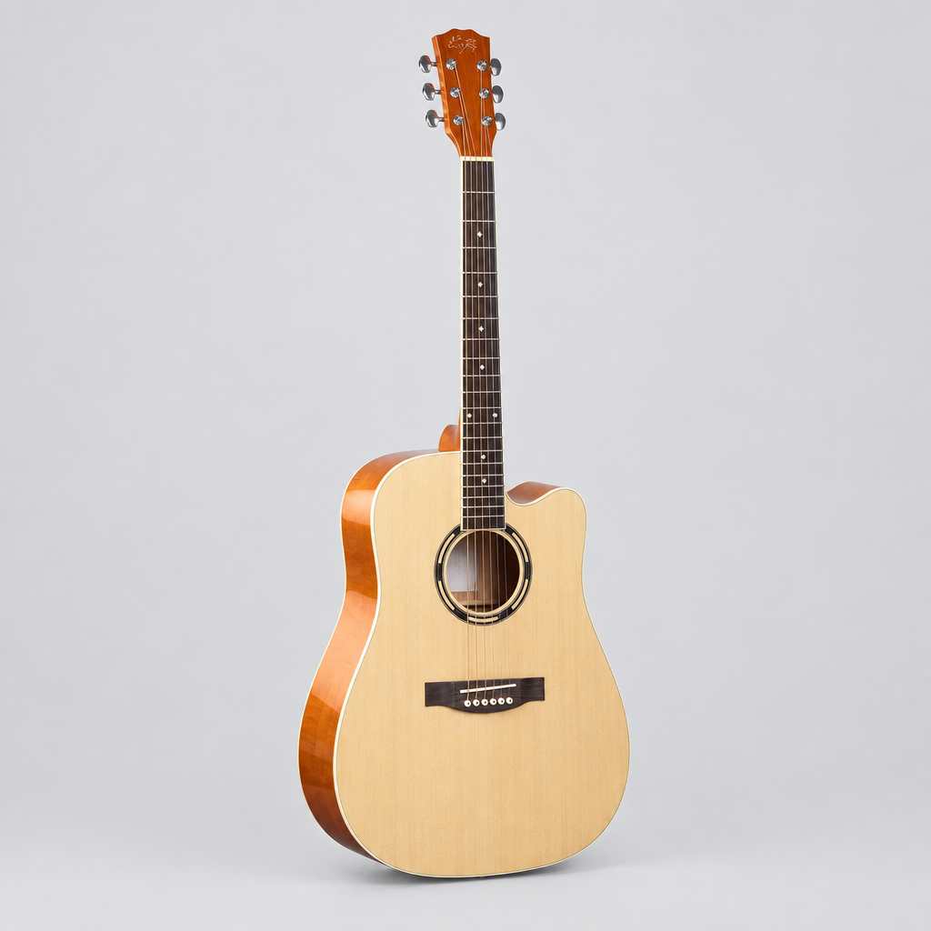 Unbranded E41-DDL natural acoustic guitar shown from a three-quarter angle with its cutaway body and natural wood-grain finish