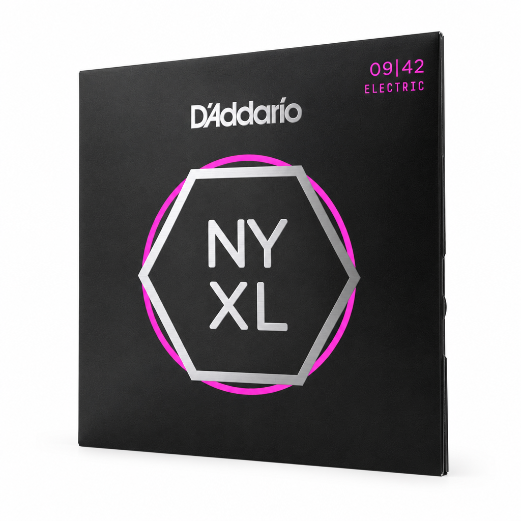 45-degree side view of the D'Addario NYXL0942 6-string electric guitar strings package, 9–42 gauge.