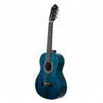Valencia VC202 TBU 1/2-size blue classical guitar shown upright at a three-quarter angle, revealing the compact body and sides