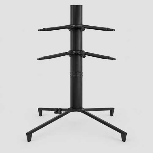Unbranded Z-80 black double-tier keyboard stand shown from the front with two support levels, adjustable arms, and rubber feet