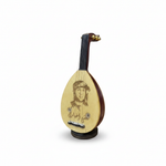 13cm oud decorative replica shown at a 45-degree side angle with engraved front, curved body edge, miniature neck, and base visible on a white background