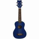 Unbranded blue 21-inch soprano ukulele shown upright from the front on a white background
