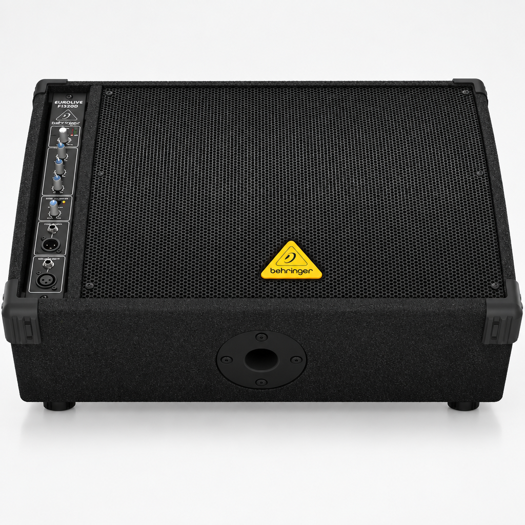 Front view of the Behringer Eurolive F1320D active floor monitor with its wedge cabinet and grille.