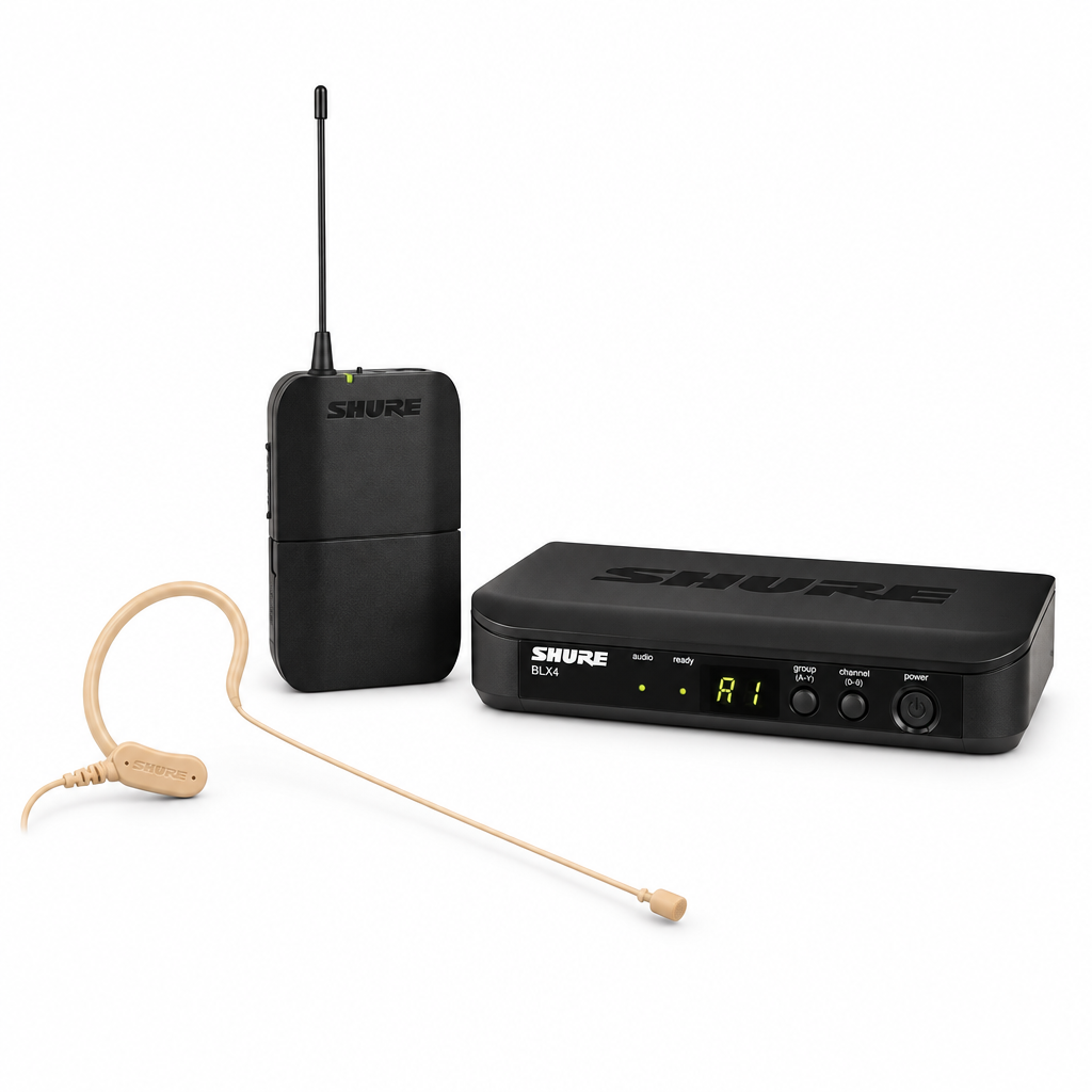 Three-quarter view of the Shure BLX4 receiver and BLX1 bodypack transmitter with the SM31 headset microphone