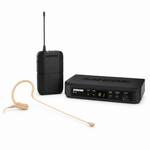 Three-quarter view of the Shure BLX4 receiver and BLX1 bodypack transmitter with the SM31 headset microphone