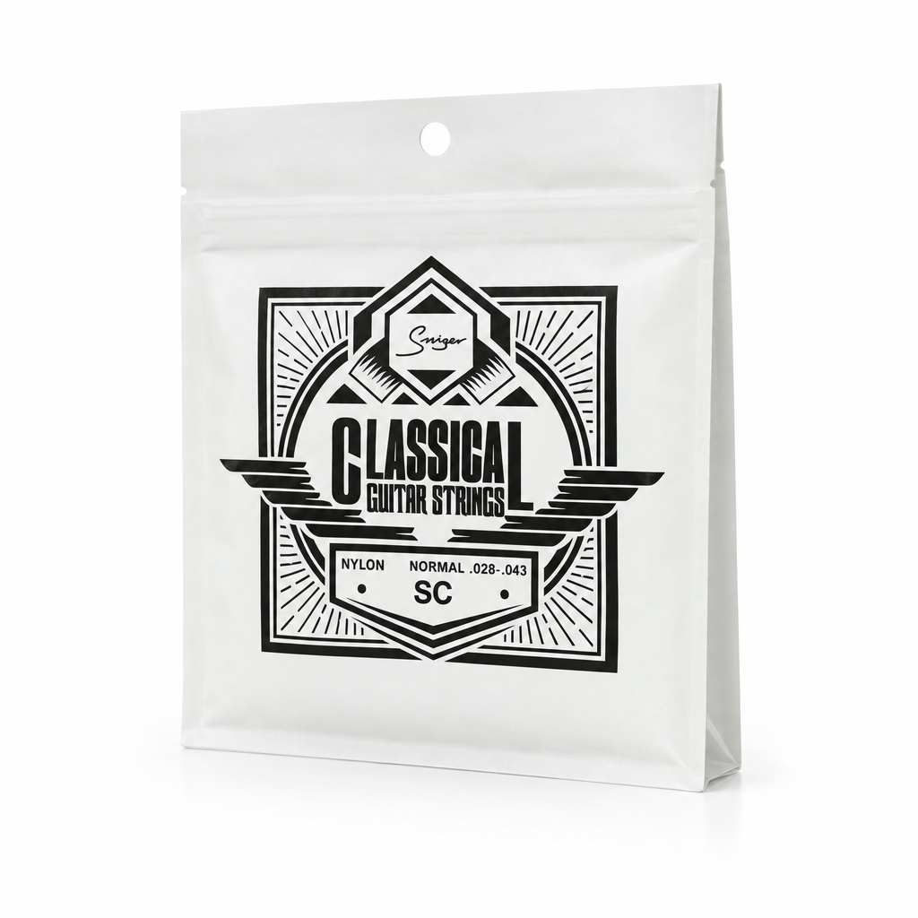 Smiger SC .028-.043 nylon classical guitar strings package, three-quarter angled view showing package thickness and original manufacturer design