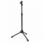 MST-1 black microphone stand, three-quarter view showing the tripod base, pole, joints, and holder