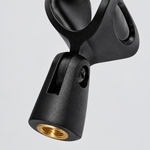 Close detail of the unbranded A8 microphone holder adjustment joint, screw, cradle connection, and threaded mounting base