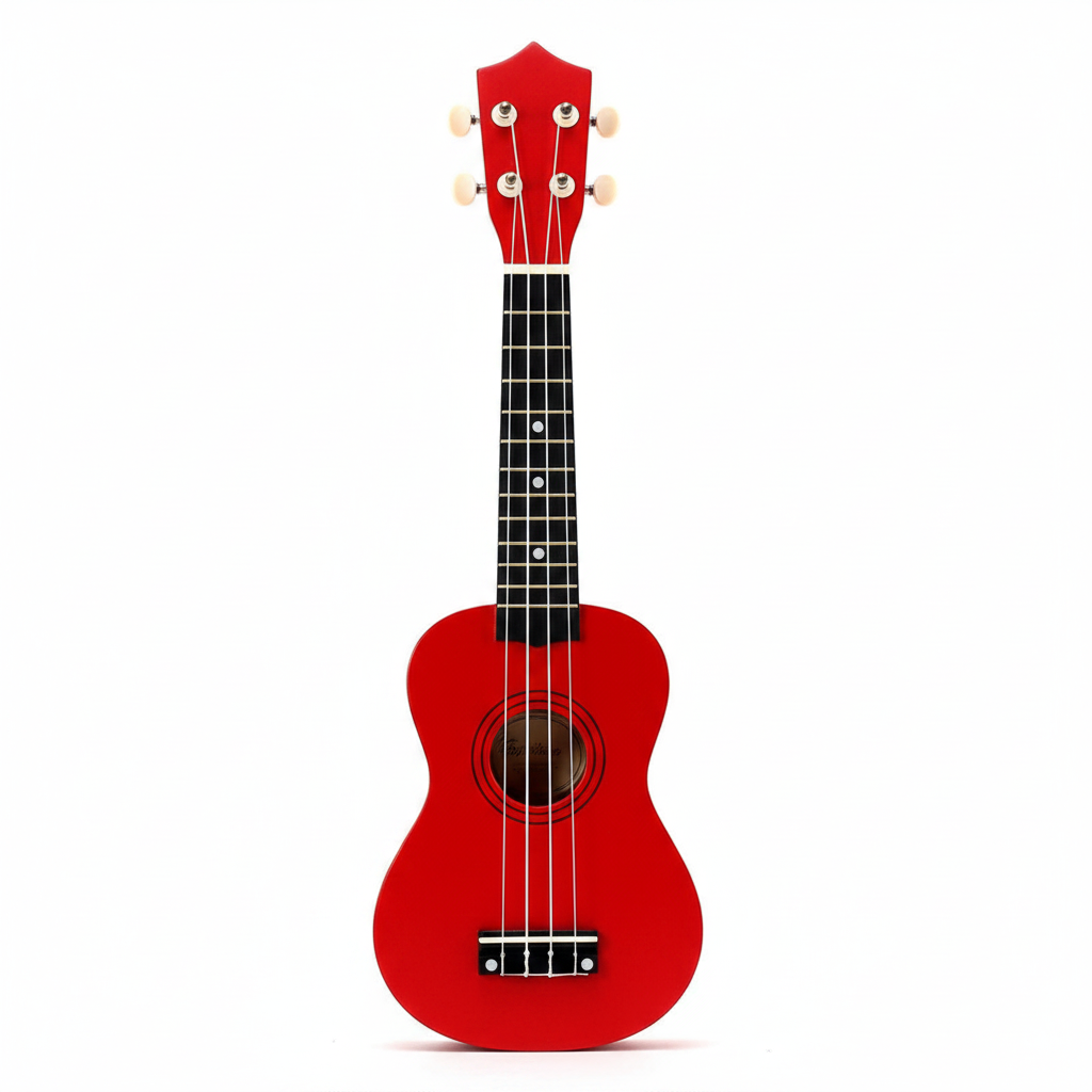 Unbranded red 21-inch soprano ukulele shown upright from the front on a white background