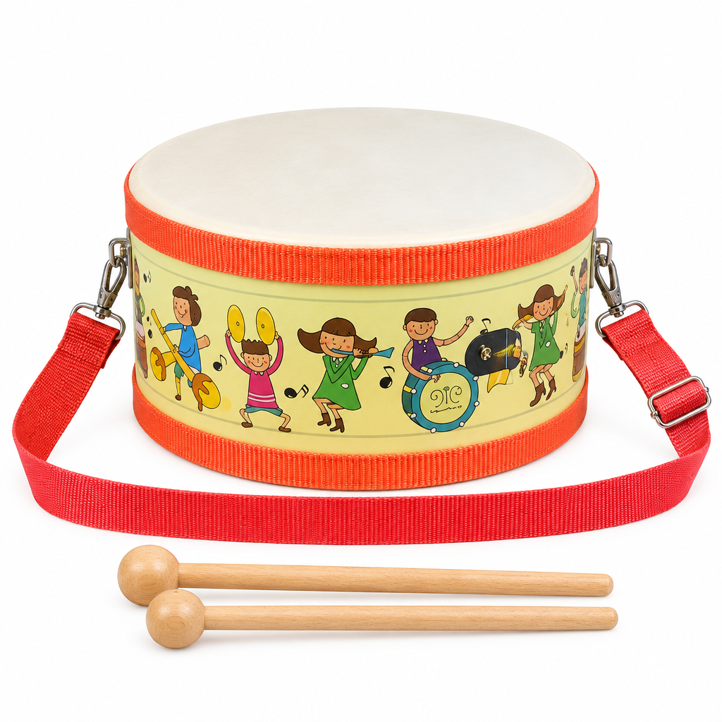 Wooden toy drum for children with two wooden mallets and shoulder strap, front view