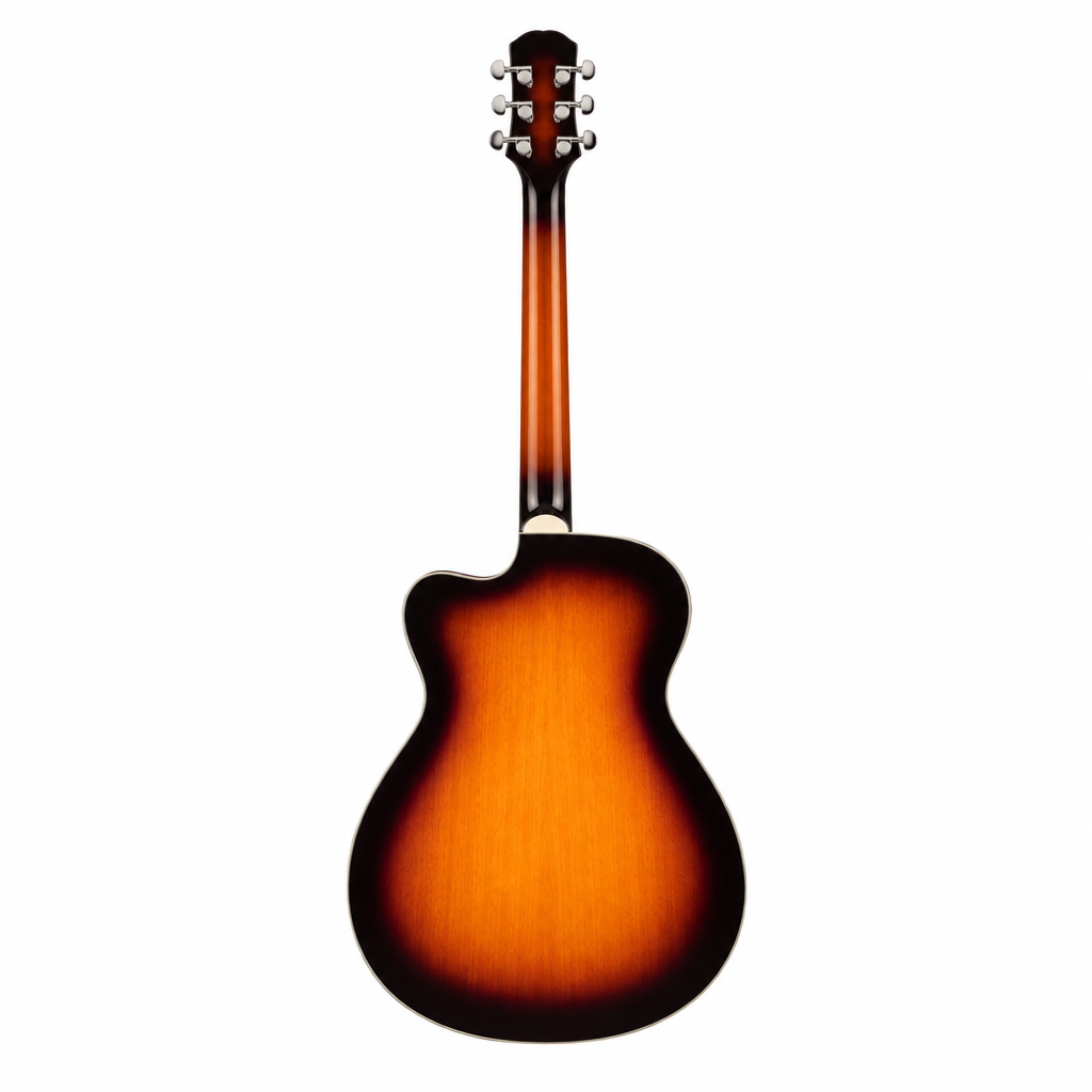 Straight back view of the Carpe 38-inch sunburst acoustic guitar showing its sunburst finish, body, back, neck, and headstock