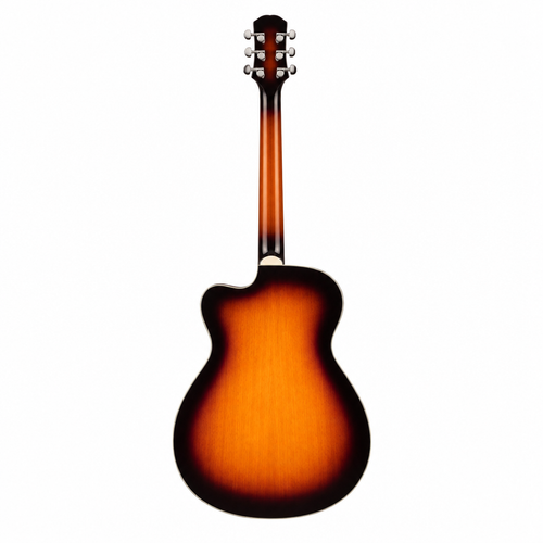 Straight back view of the Carpe 38-inch sunburst acoustic guitar showing its sunburst finish, body, back, neck, and headstock