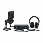 Arturia MiniFuse 2 Recording Pack shown on a white background with the MiniFuse 2 interface, condenser microphone, headphones, and visible cables arranged together