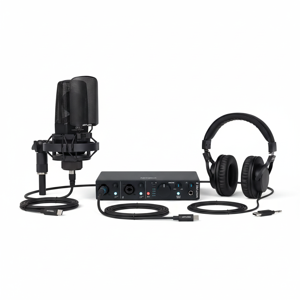 Arturia MiniFuse 2 Recording Pack shown on a white background with the MiniFuse 2 interface, condenser microphone, headphones, and visible cables arranged together