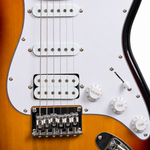Close-up of the Rockdale Acadia HT HSS ceramic pickups, bridge, and controls