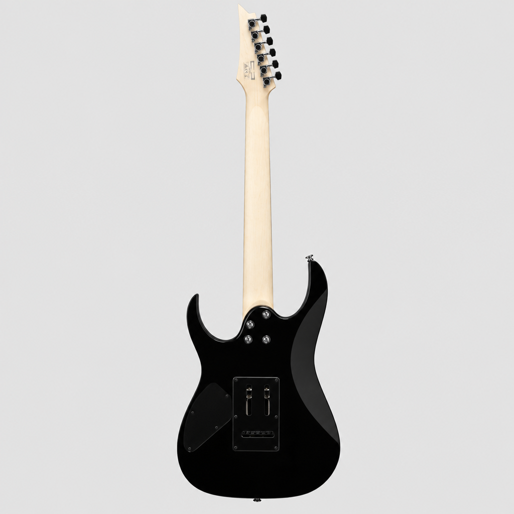 Straight-on full rear view of the black Ibanez GRG170DX electric guitar.