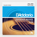 Full front view of the D'Addario EJ16 phosphor bronze acoustic guitar strings package marked light gauge 12-53.
