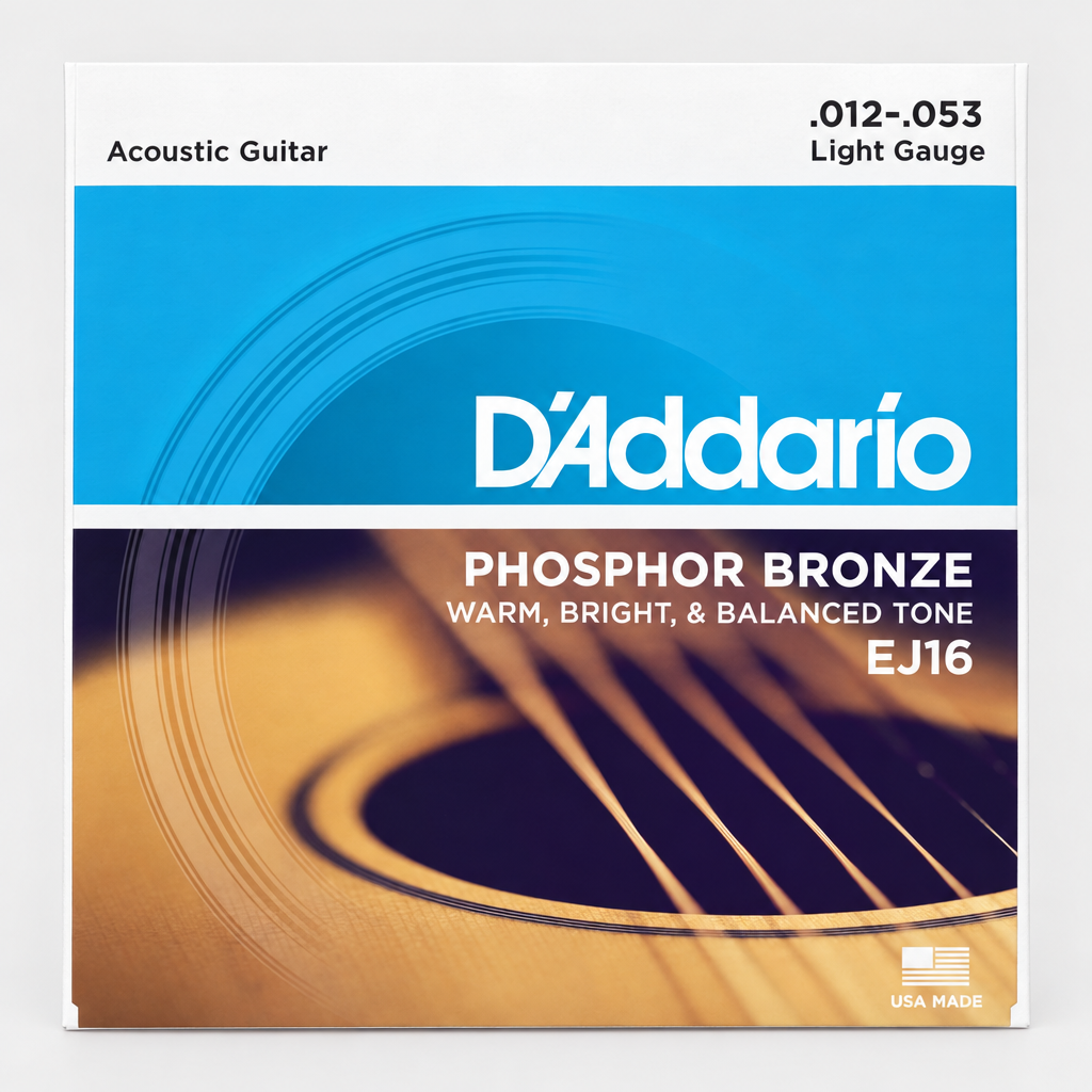Full front view of the D'Addario EJ16 phosphor bronze acoustic guitar strings package marked light gauge 12-53.