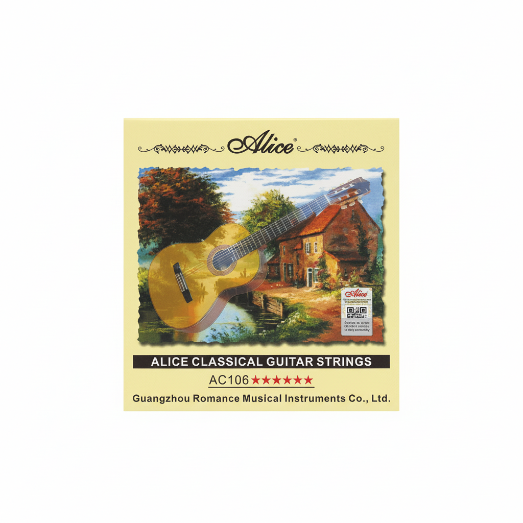Alice AC106 acoustic guitar strings package shown straight-on with Alice branding, classical guitar strings artwork, AC106 model, company text, and QR label on a clean white background