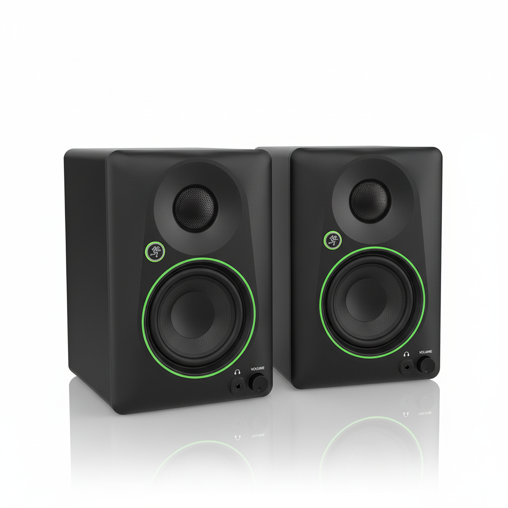 Pair of two Mackie CR8BT 8-inch black powered studio monitors shown together from the front