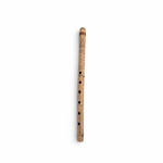 Small natural-toned nai flute shown standing upright with its original finger holes and traditional detailing on a white background