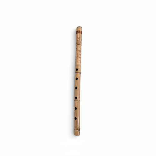 Small natural-toned nai flute shown standing upright with its original finger holes and traditional detailing on a white background