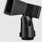 Close side detail of the unbranded A4 microphone holder showing the opening, adjustment screw, hinge, and lower mounting base