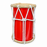 Red Chasser Arabic drum standing upright in a three-quarter view