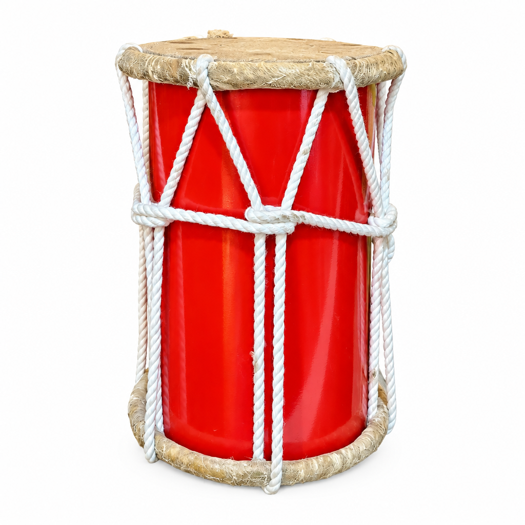 Red Chasser Arabic drum standing upright in a three-quarter view