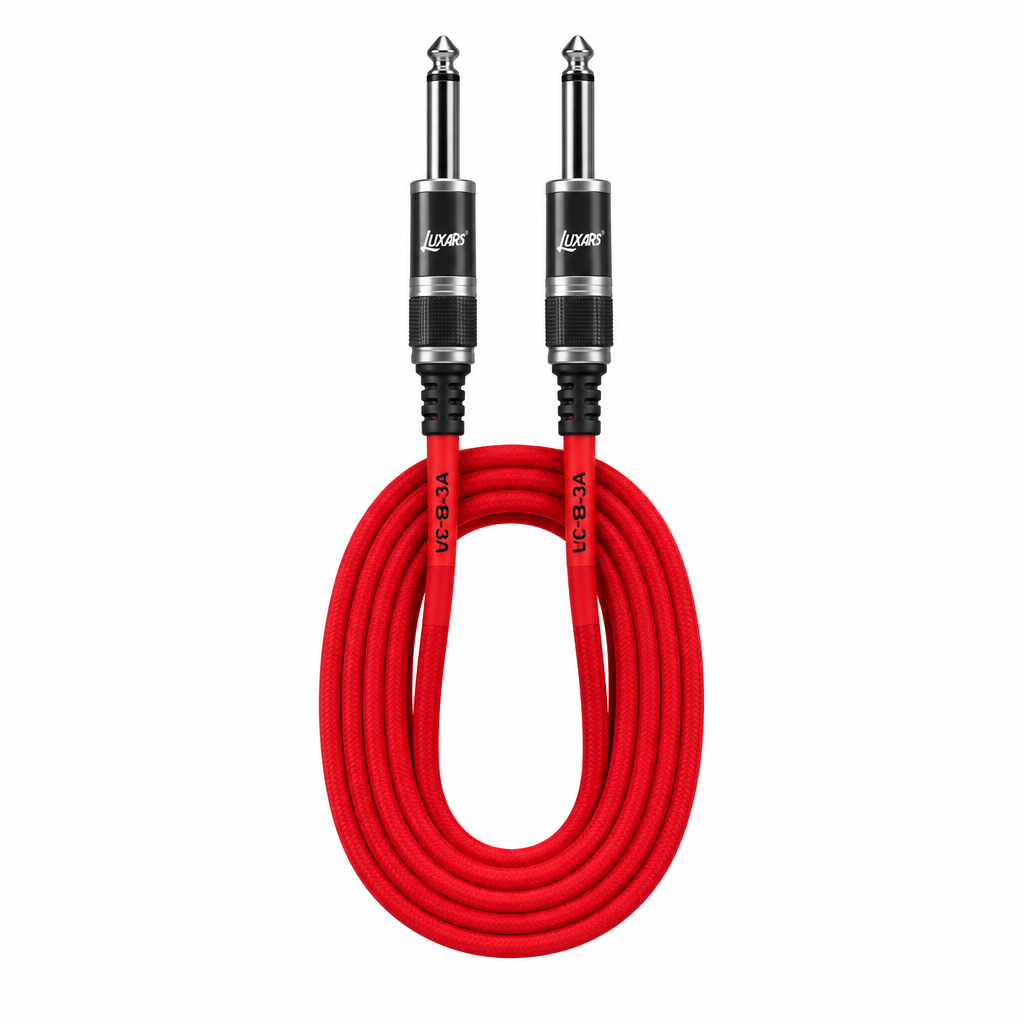 Straight rear view of the Luxars LCB-3A 3-meter red instrument cable showing its coiled cable jacket and matching plugs