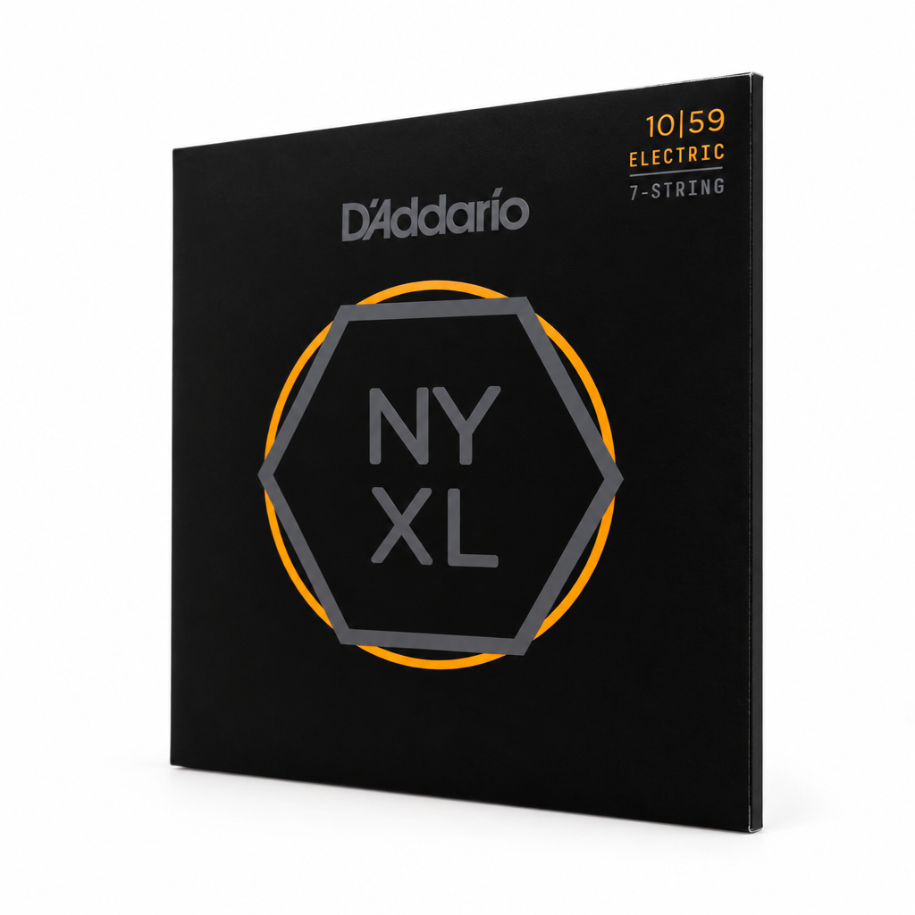 45-degree side view of the D'Addario NYXL1059 7-string electric guitar strings package, 10–59 gauge.