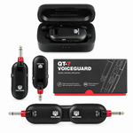 Straight front view of the Voice Guard QT-7 guitar wireless system showing its wireless units, 1/4-inch-style plugs, charging case, and product box
