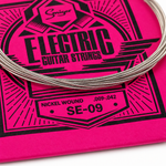 Close-up of the Smiger SE-09 nickel wound electric guitar strings package showing the original .009-.042 gauge and package specifications