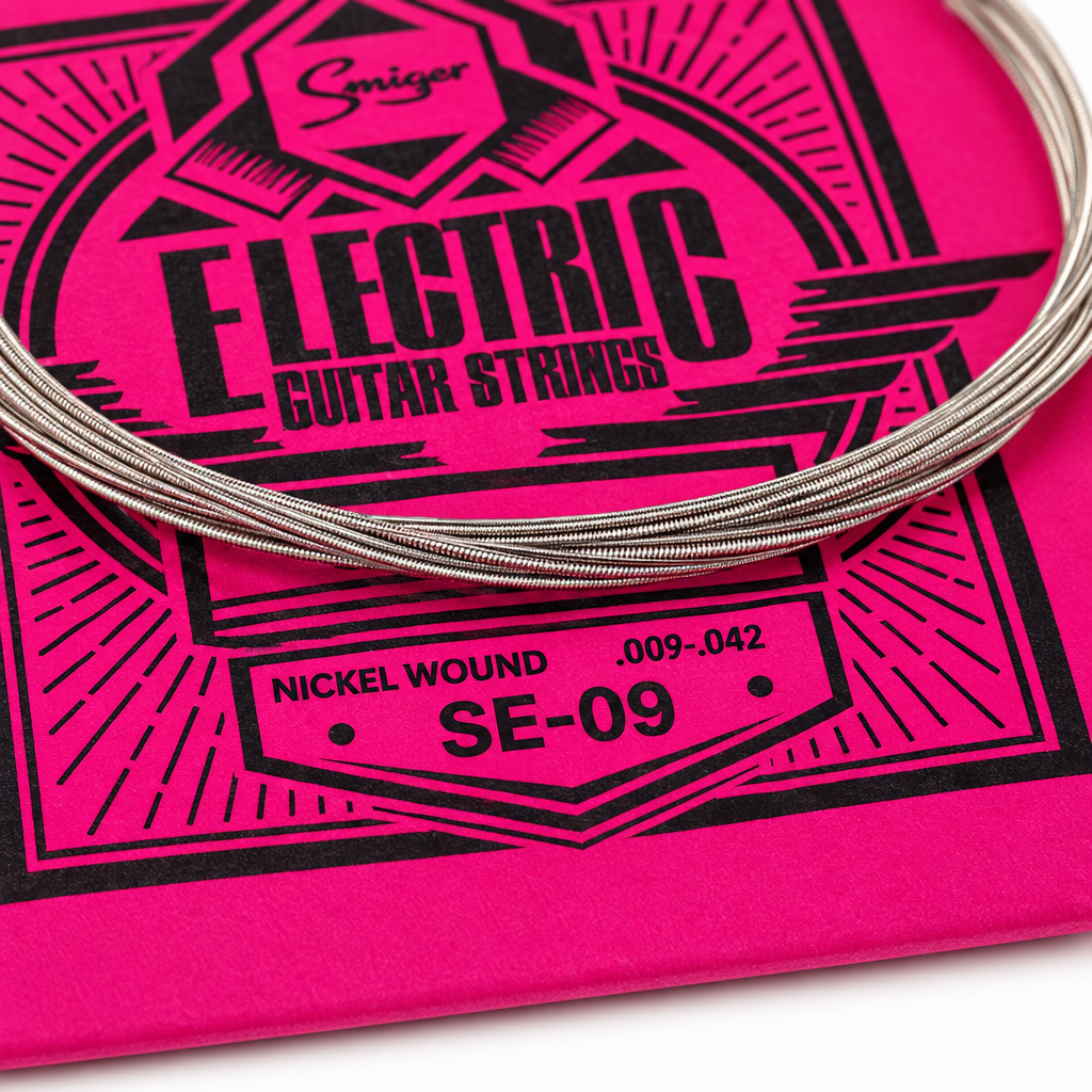 Close-up of the Smiger SE-09 nickel wound electric guitar strings package showing the original .009-.042 gauge and package specifications