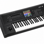 Close-up of the Korg KRONOS 3 keyboard control panel, TouchView screen, sliders, knobs, joystick controls, and keys