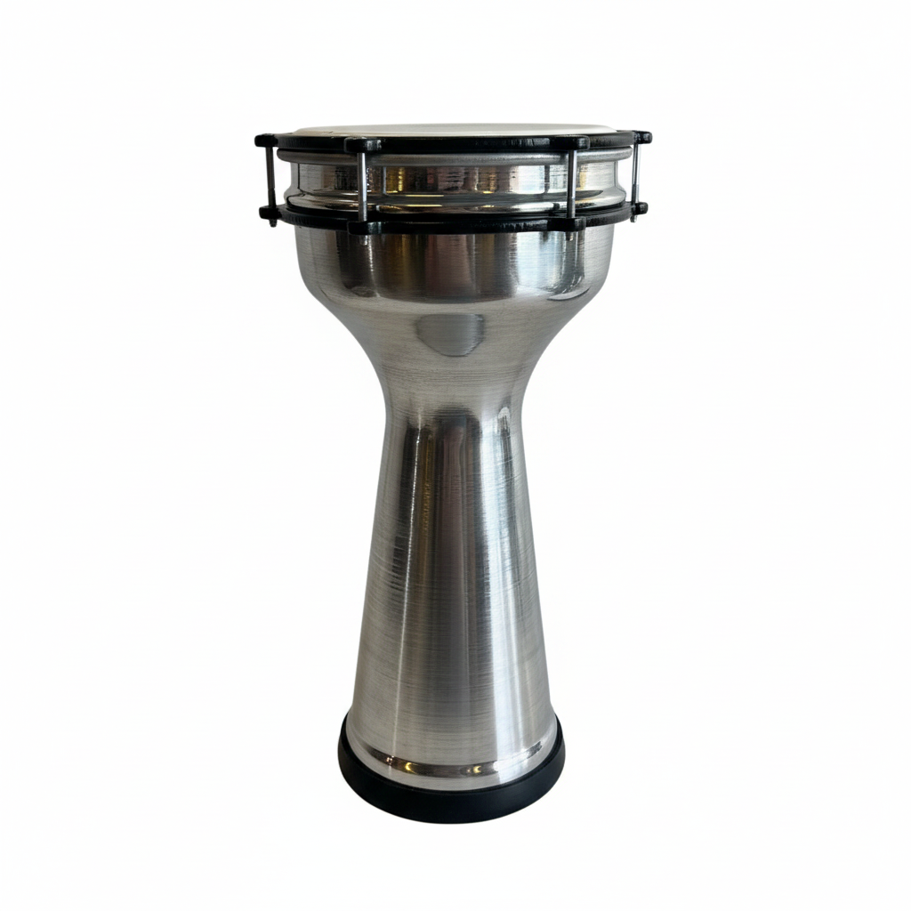 Unbranded Turkish darbuka upright front view showing the metallic goblet body, drumhead, rim, black hardware, and base on a clean white background