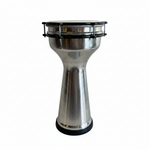 Unbranded Turkish darbuka upright front view showing the metallic goblet body, drumhead, rim, black hardware, and base on a clean white background