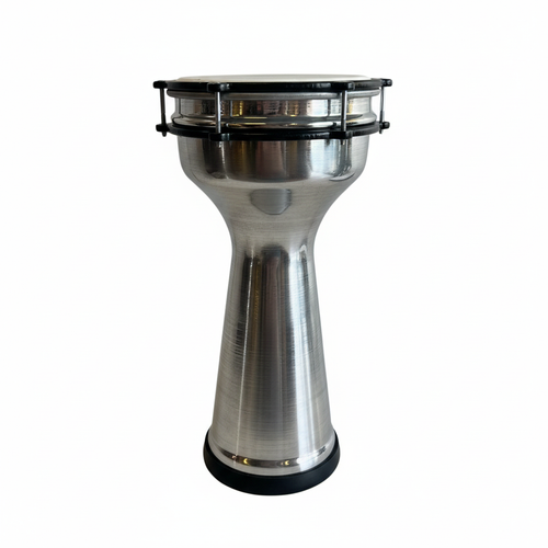 Unbranded Turkish darbuka upright front view showing the metallic goblet body, drumhead, rim, black hardware, and base on a clean white background