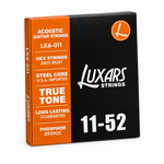 Luxars LX6-011 11-52 phosphor bronze acoustic guitar strings package, three-quarter angled view showing package thickness and original manufacturer design