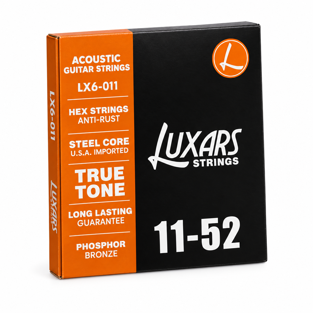 Luxars LX6-011 11-52 phosphor bronze acoustic guitar strings package, three-quarter angled view showing package thickness and original manufacturer design