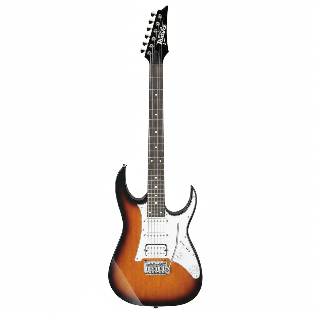 Ibanez GRG140-SB Sunburst electric guitar shown upright from the front with HSS pickups, 24-fret neck, white pickguard, and T106 tremolo bridge on a white background
